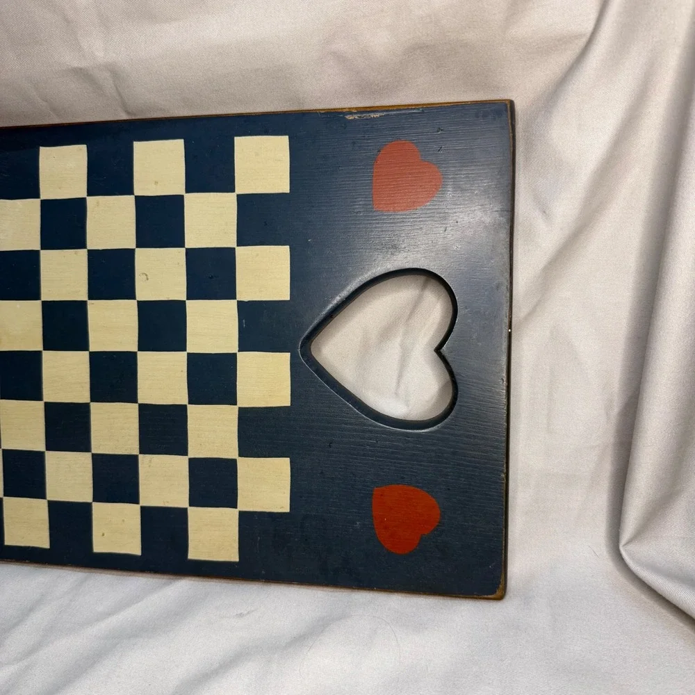 Vintage Wooden Checkerboard Serving Tray Heart Cutout Handles Navy granny core